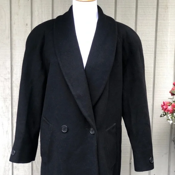 Vintage Jones New York 100% Pure Wool Black Double-Breasted Trench Coat size XL - Picture 2 of 14